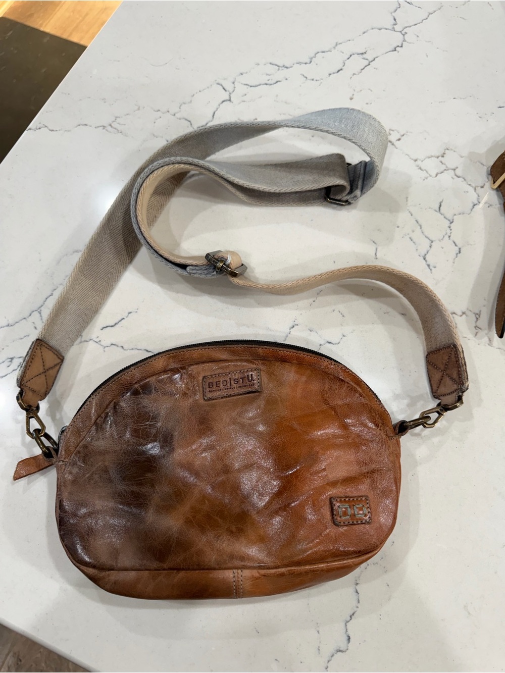 Bed Stu Brown Leather Oval Crossbody with Canvas Strap